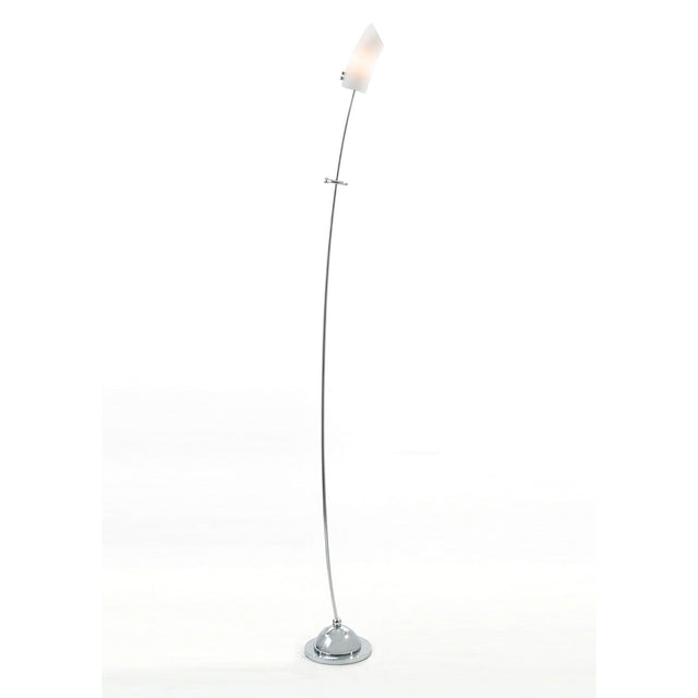 The Lucia 1 Light Frosted Glass Floor Lamp in polished chrome features a dimmable curved metal stand, frosted glass shade, and round base, shown here against a plain white background.