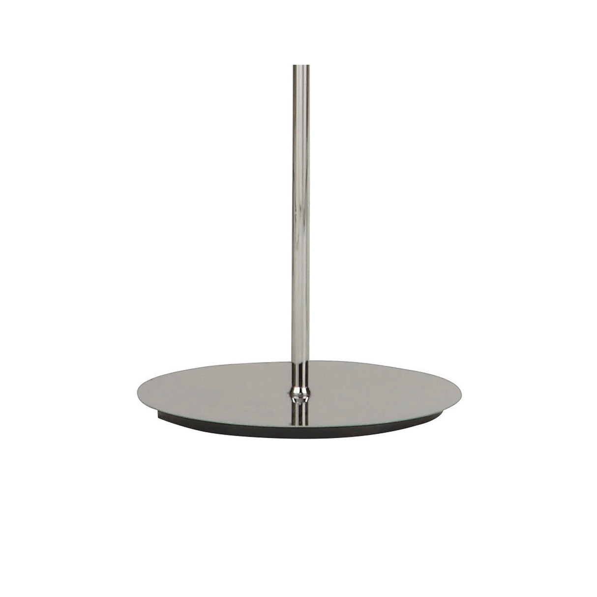 A close-up of the Lupin 4 Light Floor Lamp’s glossy white and polished chrome circular base with a central pole, highlighting its sculptural modern design against a plain white background.