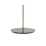 A close-up of the Lupin 4 Light Floor Lamp’s glossy white and polished chrome circular base with a central pole, highlighting its sculptural modern design against a plain white background.