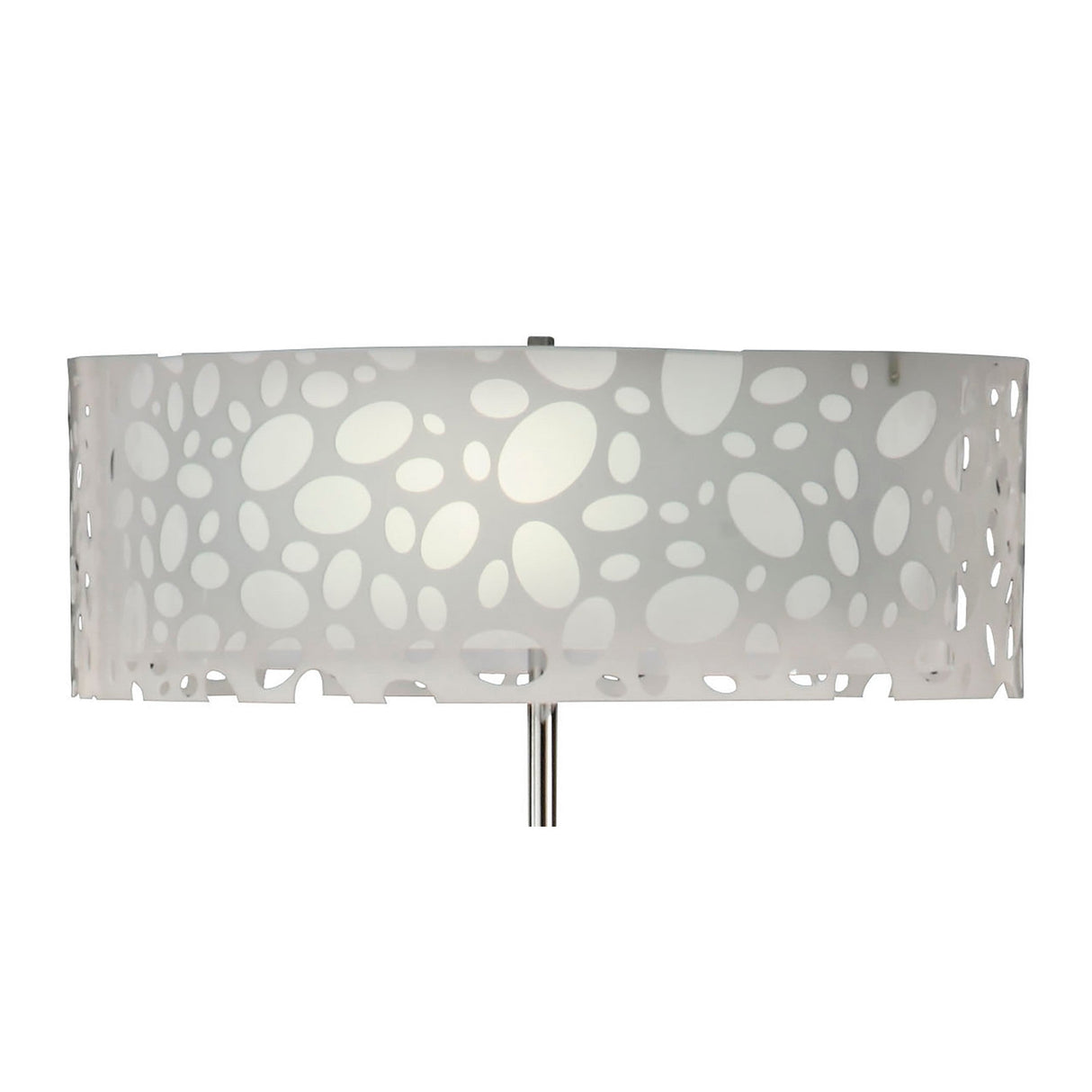 The Lupin 4 Light Floor Lamp in gloss white and polished chrome features a sculptural design with a cylindrical shade and abstract oval cutouts, providing soft ambient lighting as light filters through its unique openings.