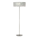The Lupin 4 Light Floor Lamp in gloss white and polished chrome has a slim stand and round shade with an abstract cutout design, ideal for adding stylish ambient lighting to any room.