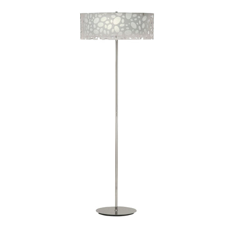 The Lupin 4 Light Floor Lamp in gloss white and polished chrome has a slim stand and round shade with an abstract cutout design, ideal for adding stylish ambient lighting to any room.