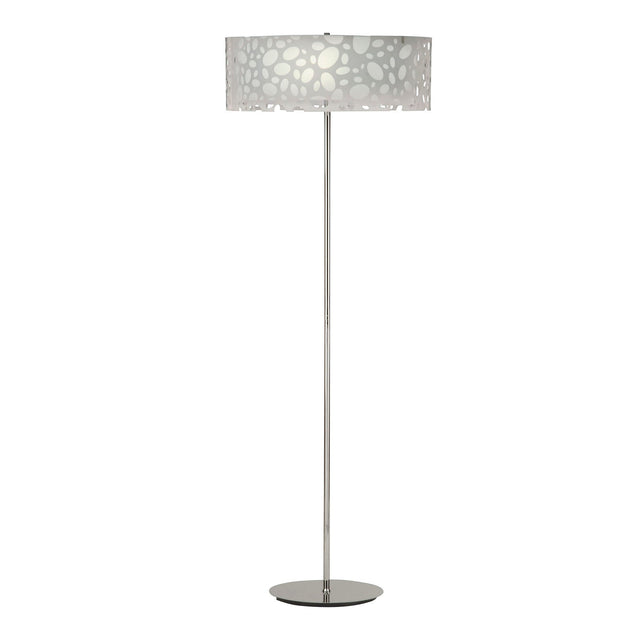 The Lupin 4 Light Floor Lamp in gloss white and polished chrome has a slim stand and round shade with an abstract cutout design, ideal for adding stylish ambient lighting to any room.
