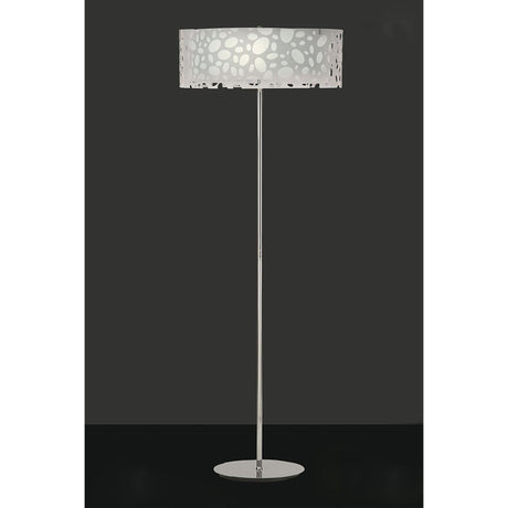 The Lupin 4 Light Floor Lamp in gloss white and polished chrome features a slim stand and a round, abstract cut-out shade—ideal for adding stylish ambient lighting to any space.