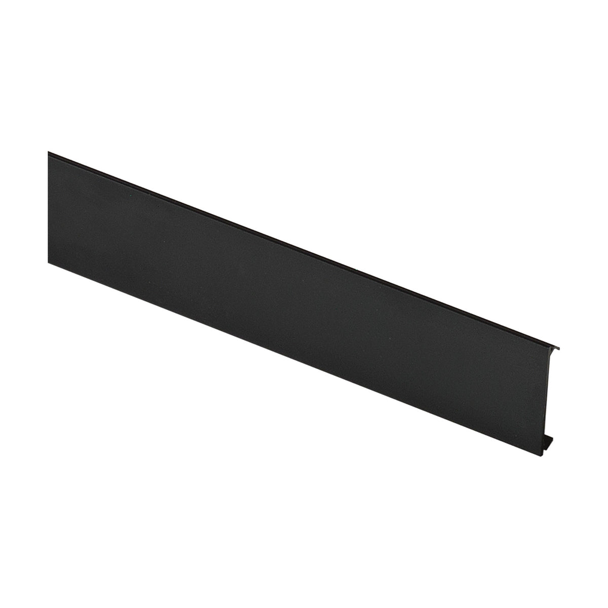 Luxeon Slim Magnetic Track Cover in matte black, a 1m flat strip with returned edges forming a shallow channel profile, shown on a plain white background.