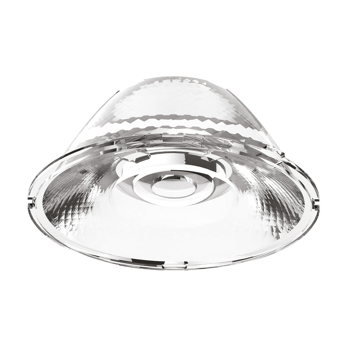 Clear cone-shaped spotlight lens for Luxeon track lights, 35mm faceted optic with central lens for an 18° beam, shown on a plain white background.