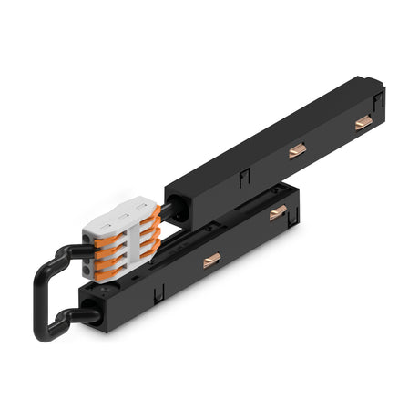 Luxeon Up & Down Dimmable Track Power Connector in black, showing two slim rail sections with copper contacts linked by a black cable and a grey-orange lever connector, on a plain white background.