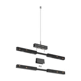 Luxeon Up & Down Track 2m Suspension Kit in black, showing two track sections, black holder block, steel suspension wire, ceiling canopy, and screws on a white background.
