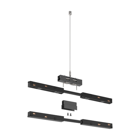 Luxeon Up & Down Track 2m Suspension Kit in black, showing two track sections, black holder block, steel suspension wire, ceiling canopy, and screws on a white background.
