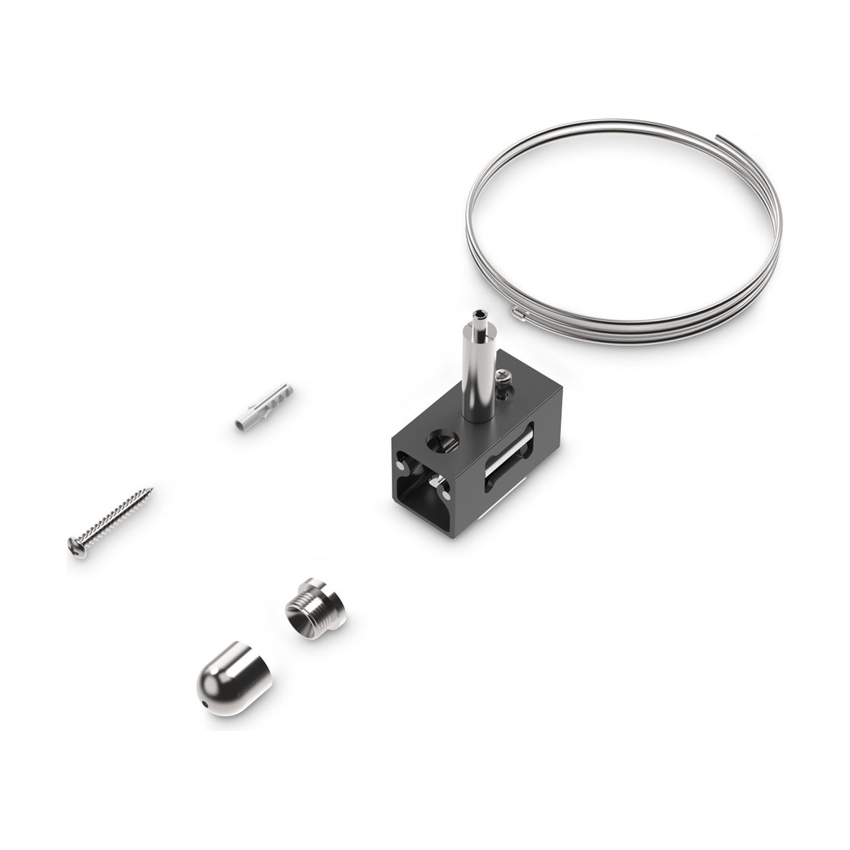 Luxeon 2m suspension kit for up & down magnetic track in black, showing the black holder block, coiled steel wire, ceiling canopy, screw and wall plug on a white background.