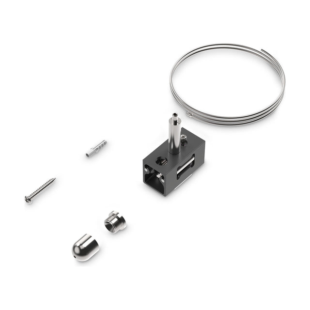 Luxeon 2m suspension kit for up & down magnetic track in black, showing the black holder block, coiled steel wire, ceiling canopy, screw and wall plug on a white background.