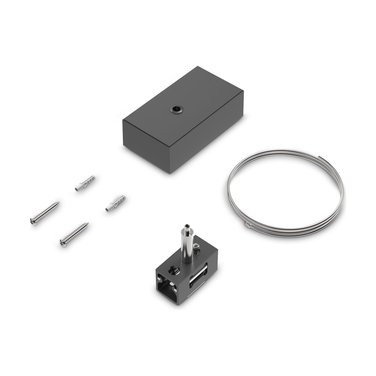 Luxeon track ceiling rose kit in black, with rectangular rose, coiled steel suspension wire, gripper connector, screws and wall plugs on a white background.