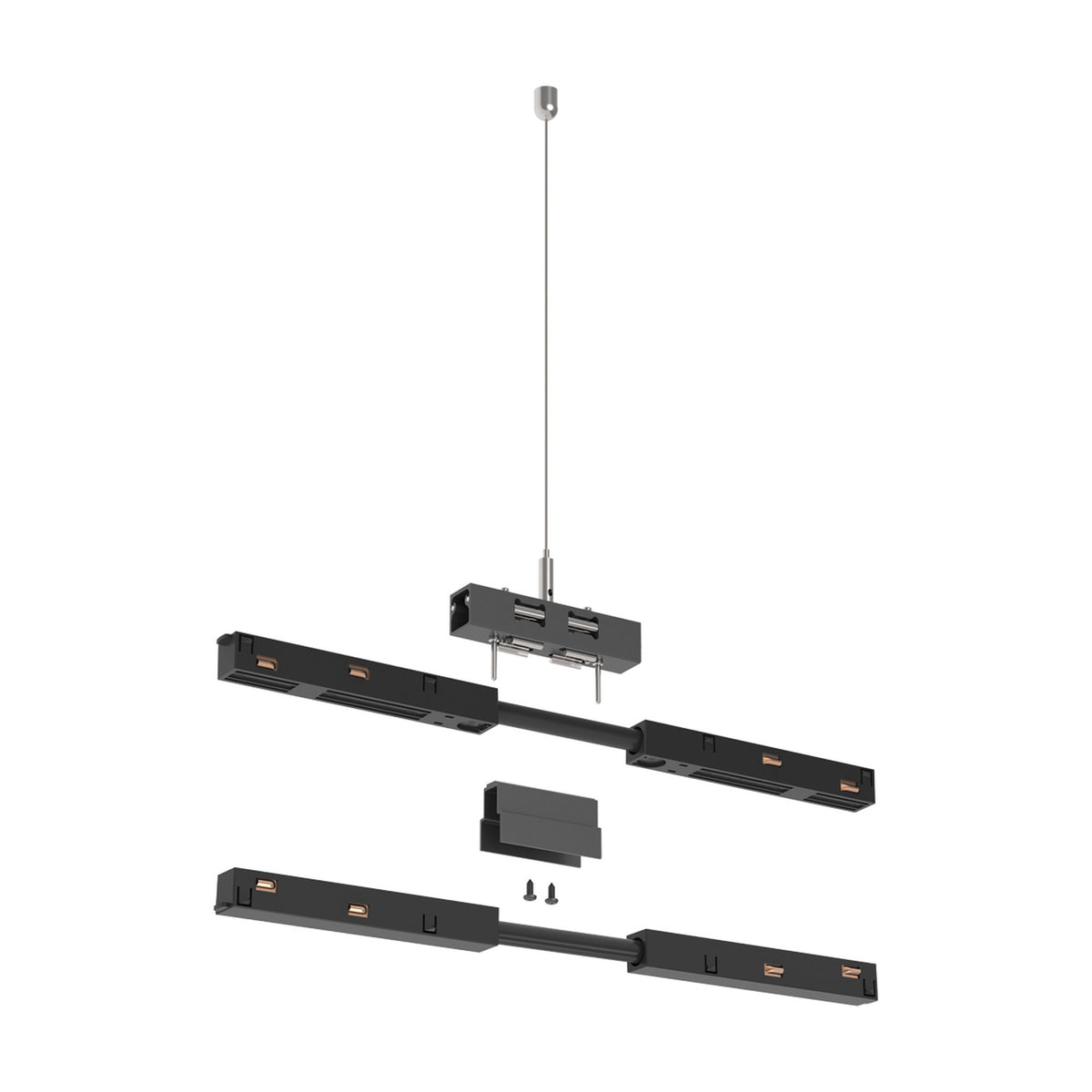 Luxeon black linear track connector joining two straight magnetic track sections, with 2m suspension wire and ceiling canopy, shown on a white background.