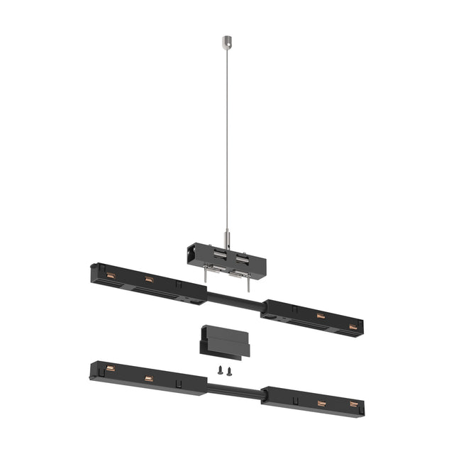 Luxeon black linear track connector joining two straight magnetic track sections, with 2m suspension wire and ceiling canopy, shown on a white background.