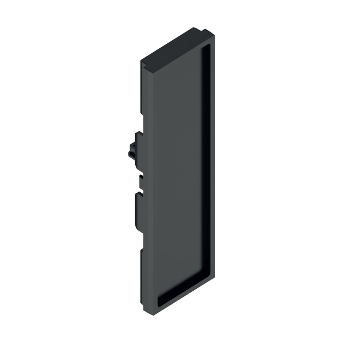 Luxeon Up & Down Track End Cap in matte black, a slim rectangular plate with a recessed centre panel, shown on a plain white background.