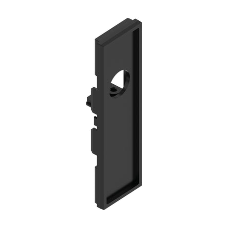 Black rectangular end cap for Luxeon up & down magnetic track, with a round cable hole and side mounting notch, shown on a plain white background.