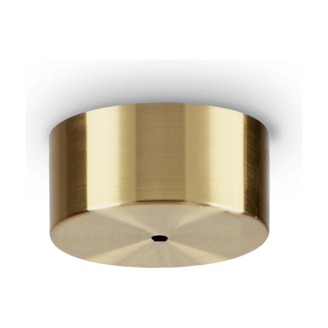 Lyria 1 Light G4 Ceiling Rose in brushed brass, a round flat-faced drum with a single central cable opening, shown on a plain white background.