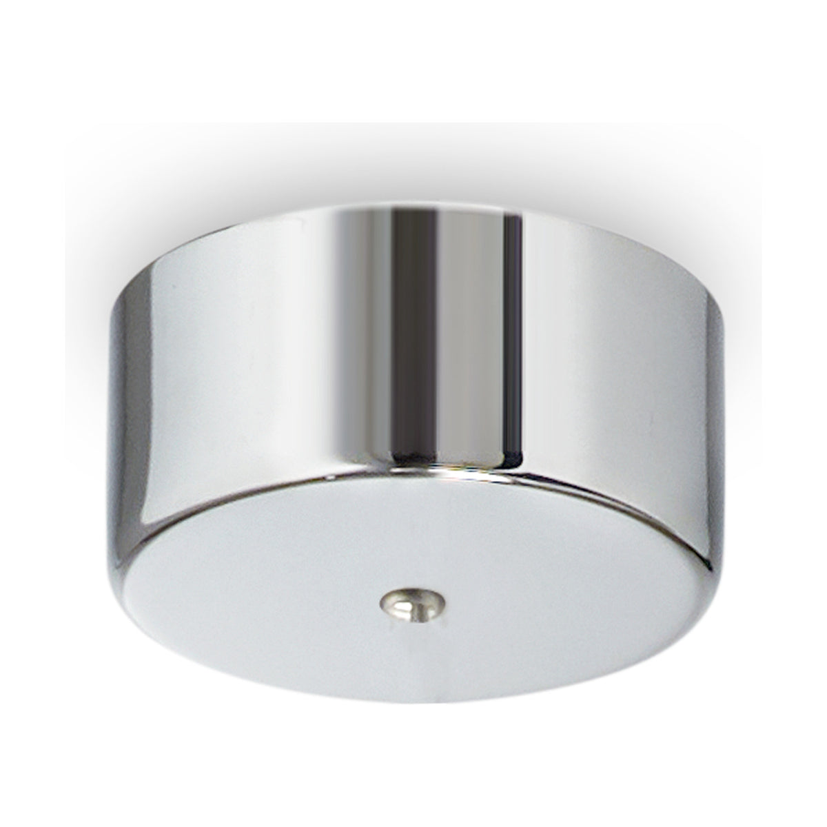Lyria single G4 ceiling rose in chrome, a round mirror-bright cylindrical canopy with a central fixing point, shown on a plain white background.