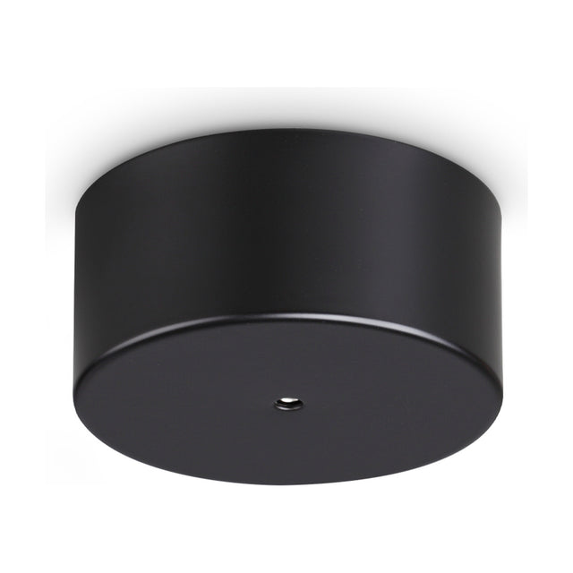 Lyria 1 Light LED Ceiling Rose in matt black, a compact round drum-shaped cover with a flat face and small central suspension opening, shown on a plain white background.