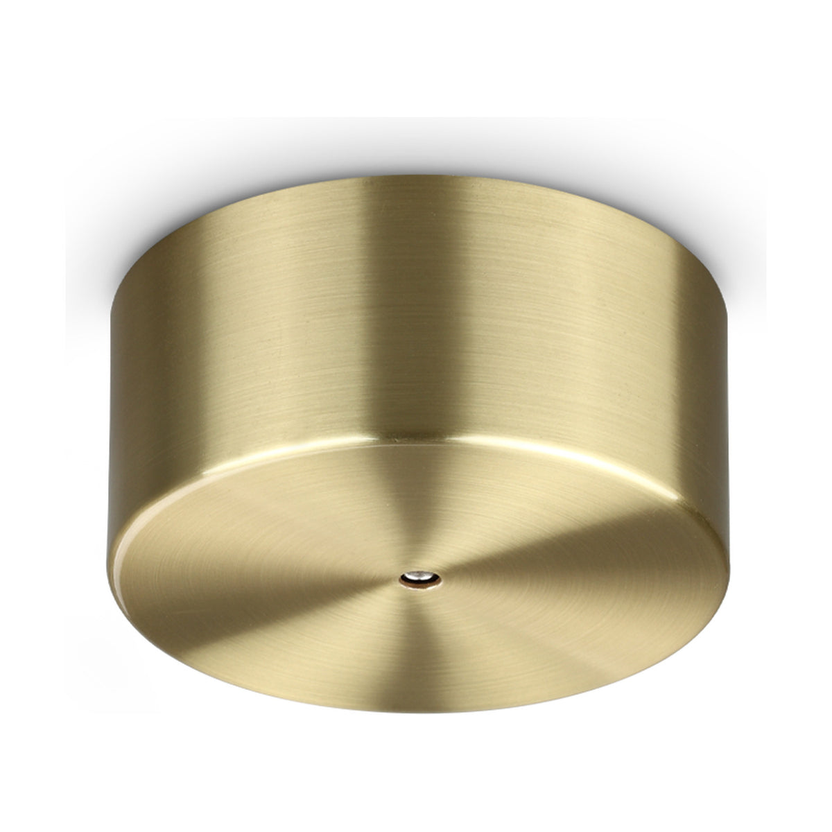 Lyria 1 Light LED Ceiling Rose in brass, a round drum-shaped canopy with a brushed circular grain finish and central pendant drop point, shown on a plain white background.