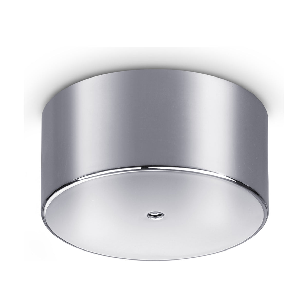 Lyria 1 Light LED Ceiling Rose in chrome, a round cylindrical canopy with a white underplate and central fixing point, shown on a plain white background.