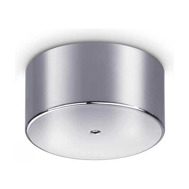 Lyria 1 Light LED Ceiling Rose in chrome, a round cylindrical canopy with a white underplate and central fixing point, shown on a plain white background.