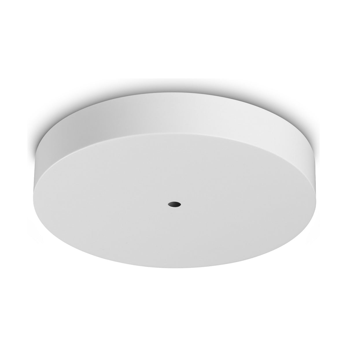 Lyria round LED ceiling rose in white, a flat 280mm disc with a smooth face and single central opening, shown on a plain white background.