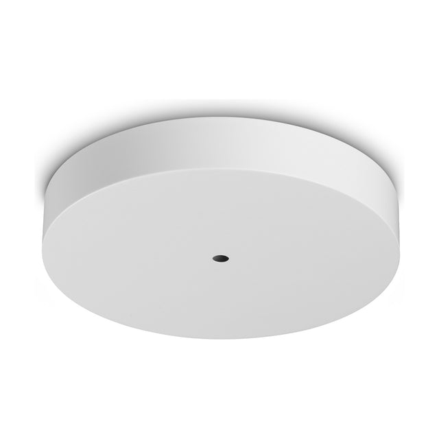 Lyria round LED ceiling rose in white, a flat 280mm disc with a smooth face and single central opening, shown on a plain white background.