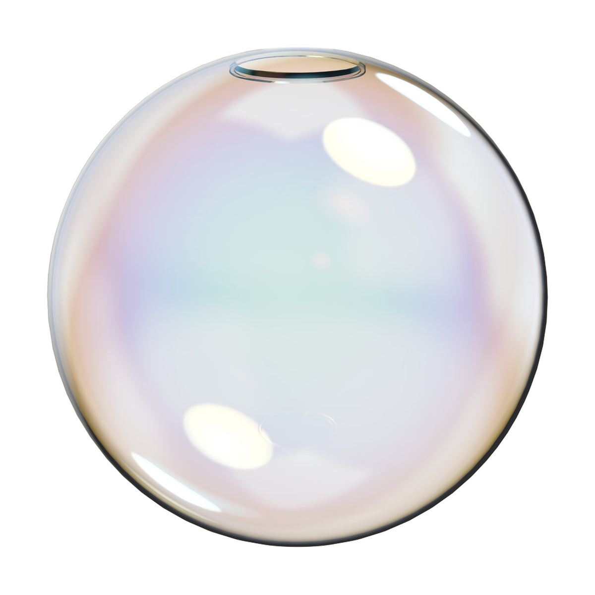 Lyria 20cm globe glass light shade in iridescent glass with pearl sheen of pink, lilac, blue and green tones, round top opening, shown on a plain white background.