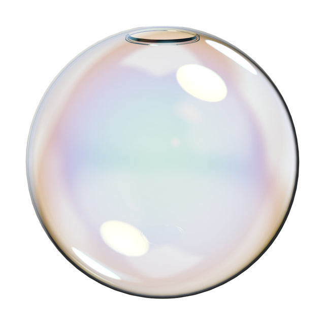 Lyria 20cm globe glass light shade in iridescent glass with pearl sheen of pink, lilac, blue and green tones, round top opening, shown on a plain white background.