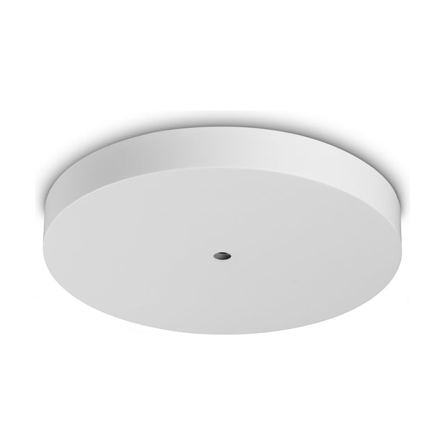 Lyria 25 Light LED round ceiling rose in white, a flat circular 360mm canopy with a single central opening, shown on a plain white background.