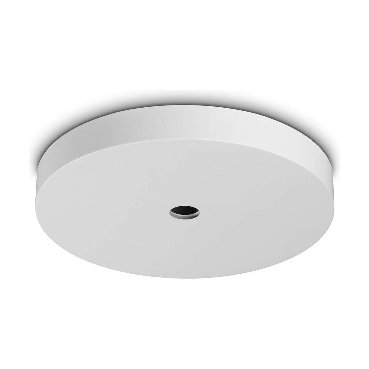 Lyria 25 Light Round Ceiling Rose in white, a round disc with a single central cable opening, shown on a plain white background.