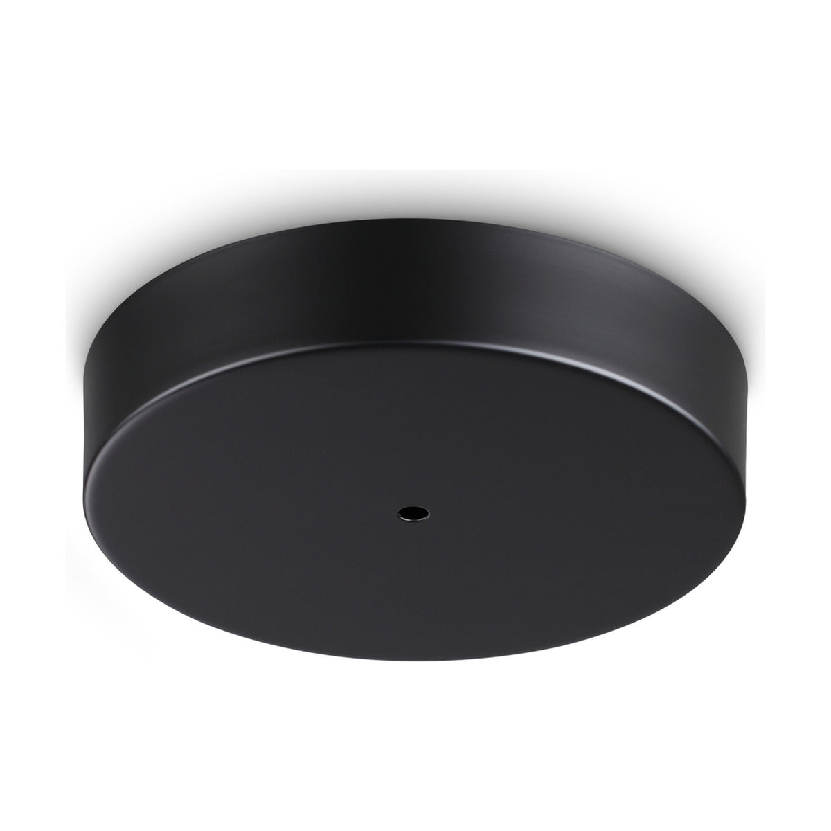 Lyria round LED ceiling rose in matte black, a flat 220mm disc with low profile and small central cable opening, shown against a plain white background.