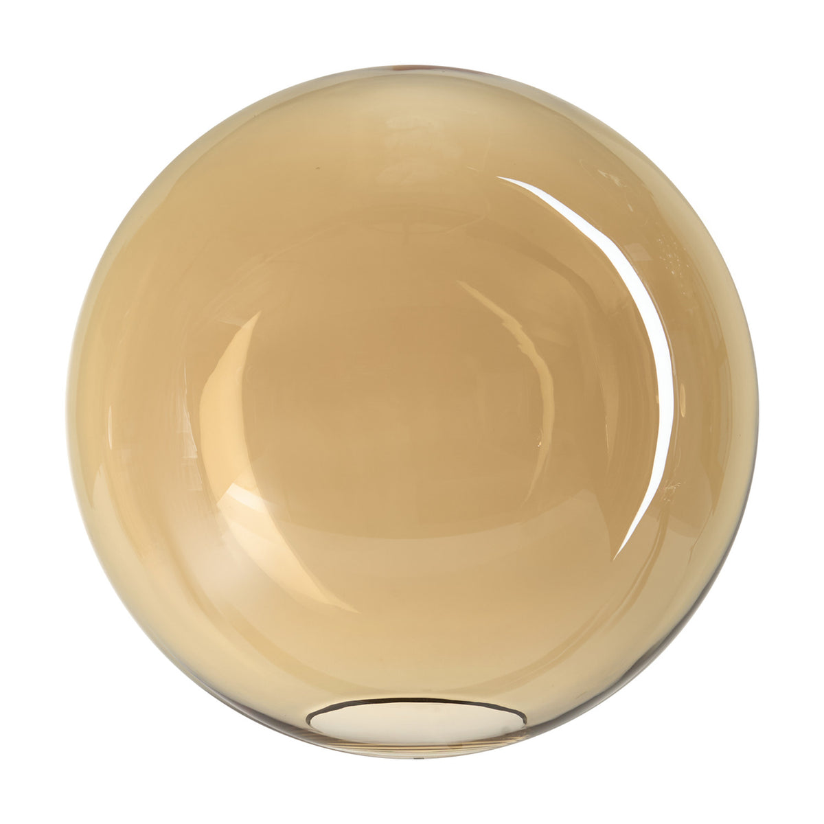 Lyria 30cm globe glass lamp shade in amber, a smooth round sphere with a narrow open neck, shown alone on a plain white background.