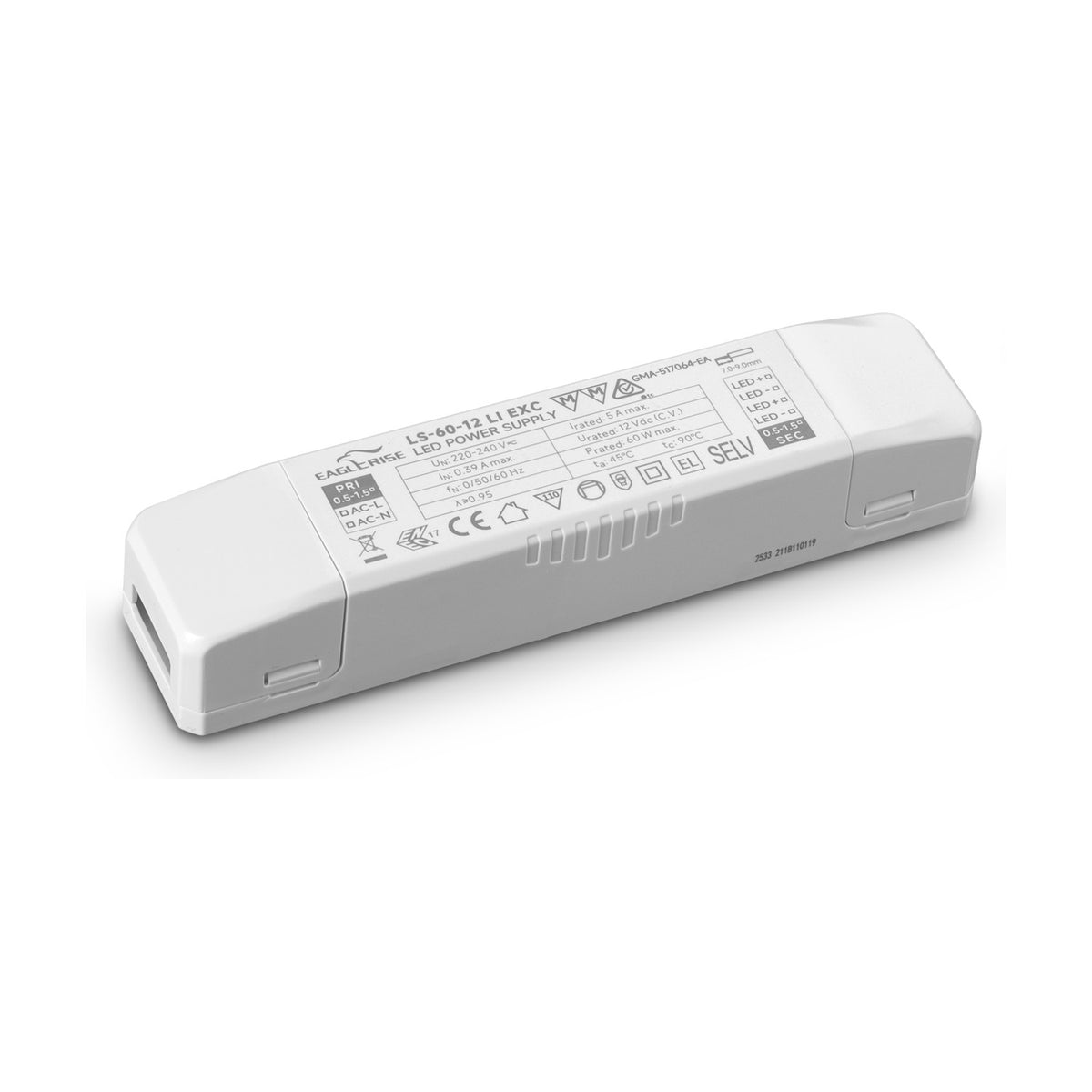 Lyria 60W 12V LED driver in a long, narrow white plastic case with printed specifications and output terminals, shown on a plain white background.