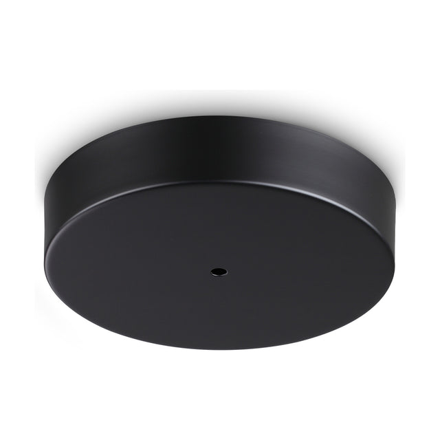 Lyria round LED ceiling rose in matte black, 220mm disc with single central opening, shown on a plain white background.