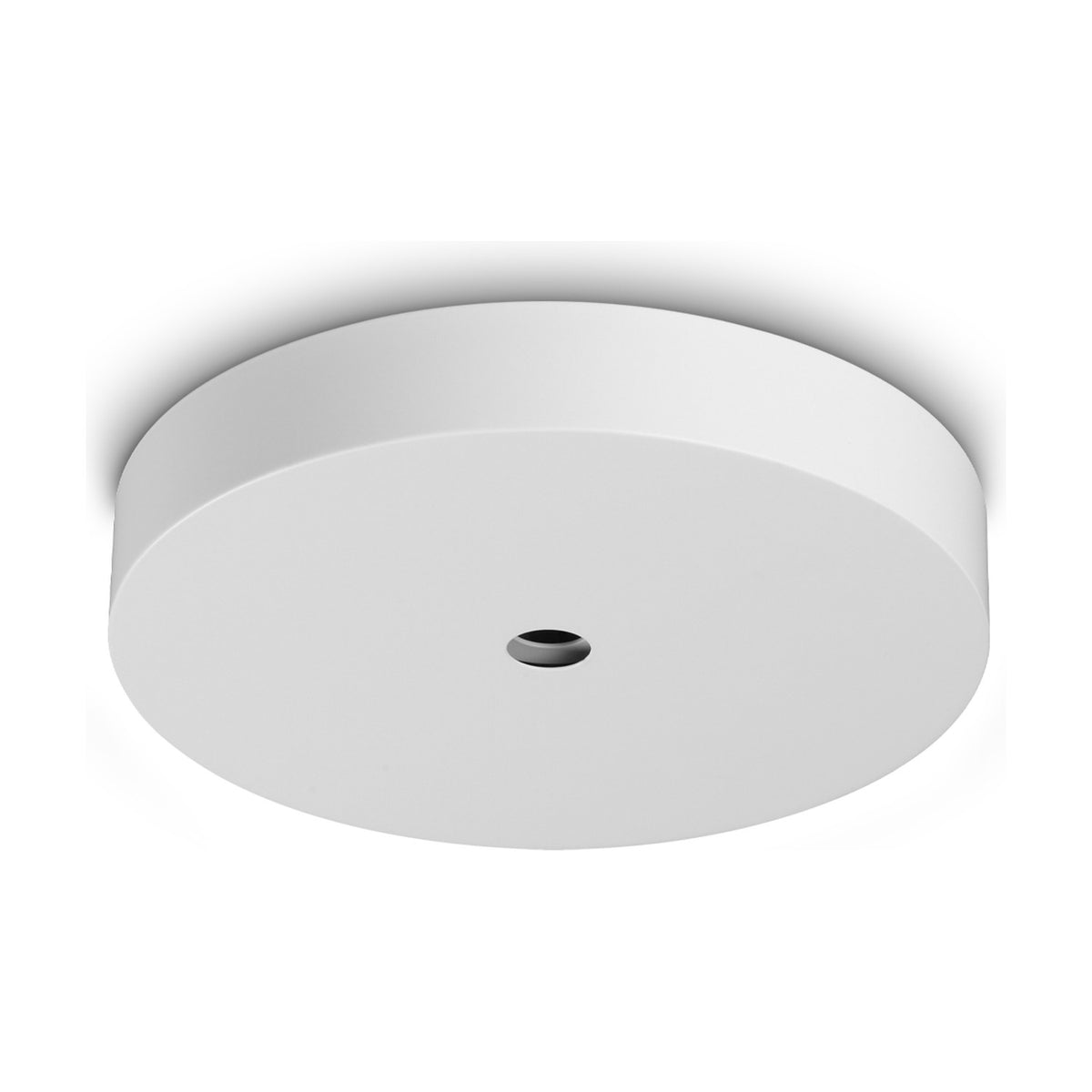 Lyria 7 Light Round Ceiling Rose in white, a plain circular disc with a single central opening for pendant suspensions, shown on a white background.