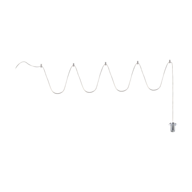Lyria E14 pendant suspension set in chrome, showing a looped 12m cable with wall hooks and a chrome lampholder, shown without shade or bulb on a white background.