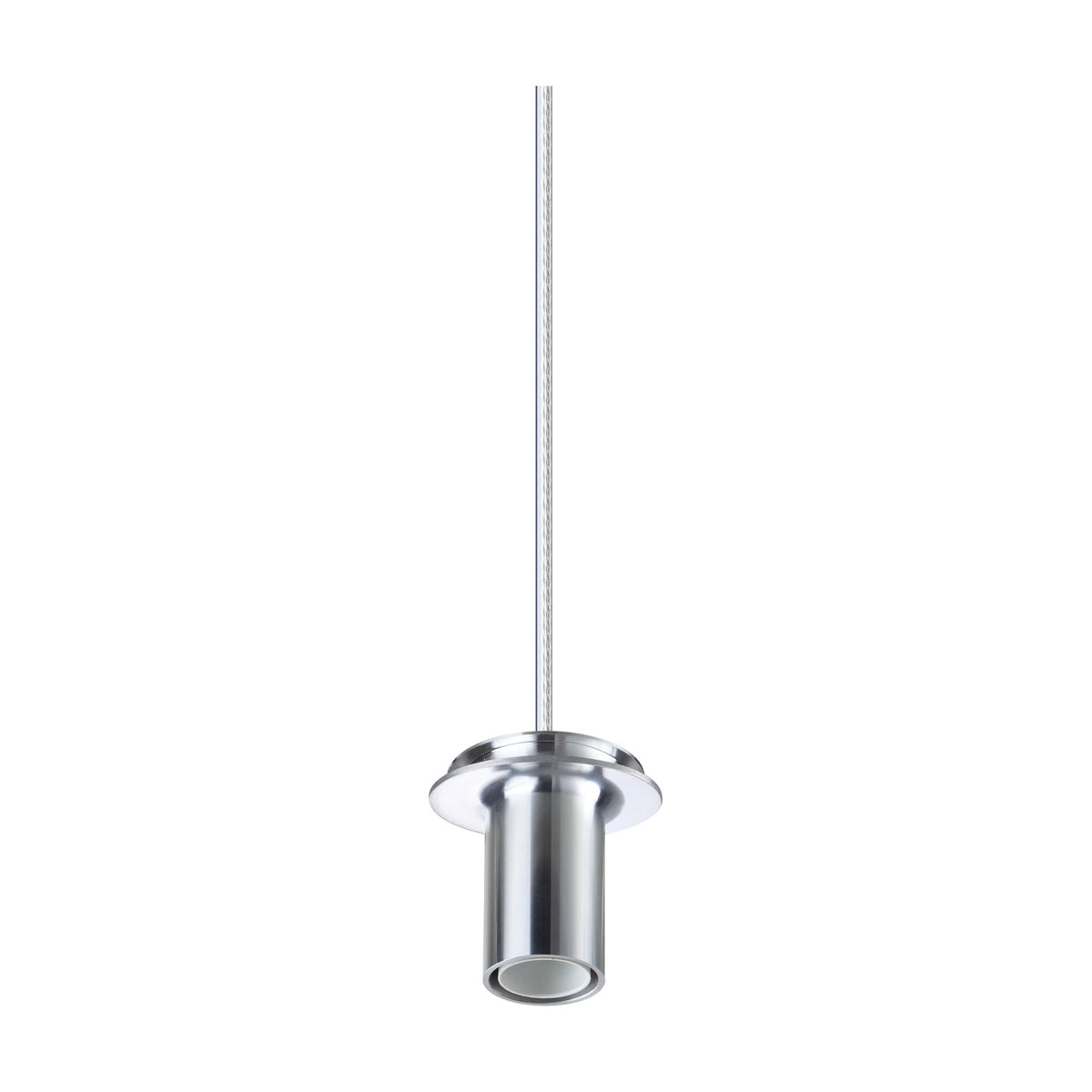 Lyria E14 pendant suspension set in chrome, showing a cylindrical lamp holder with wide shade collar on a long clear cable, against a plain white background.