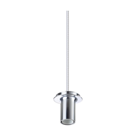 Lyria E14 pendant suspension set in chrome, showing a cylindrical lamp holder with wide shade collar on a long clear cable, against a plain white background.
