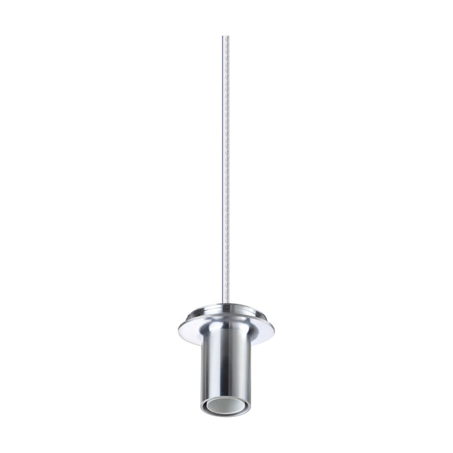 Lyria E14 pendant suspension set in chrome, showing a cylindrical lamp holder with wide shade collar on a long clear cable, against a plain white background.
