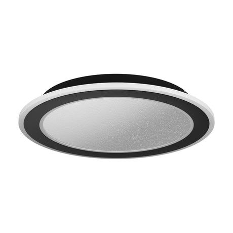 Macchioni LED flush ceiling light in black and white, round shape with a black ring frame, white outer rim, and crystal-effect diffuser, shown on a plain white background.