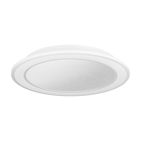 Macchioni LED flush ceiling light in white, round design with a crystal-effect diffuser and broad outer ring, shown at an angle on a plain white background.