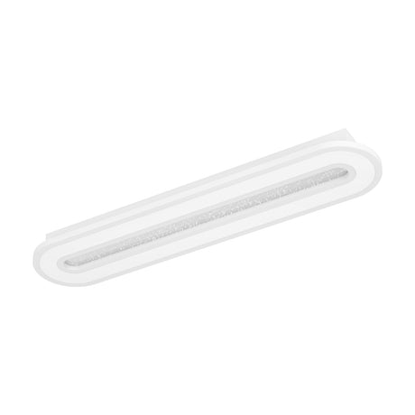 Macchioni LED Panel Light, an elongated oval ceiling fixture in white steel and plastic with a crystal-effect diffuser strip, shown at an angle on a plain white background.