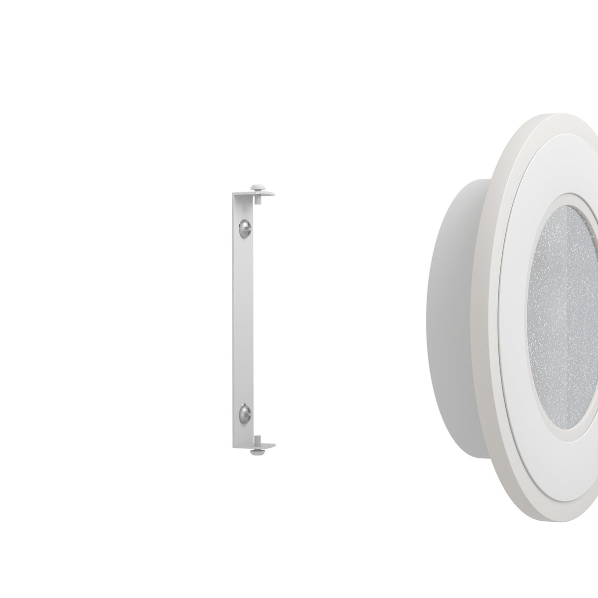 Macchioni LED Wall Light 20cm in white, round layered design with frosted outer band and crystal-effect centre diffuser, shown alongside its mounting bracket on a plain white background.