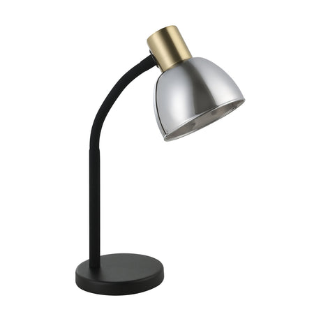 Macere Table Lamp with round black base, slim black gooseneck arm, brushed brass collar and smoked grey dome glass shade, shown on a plain white background.