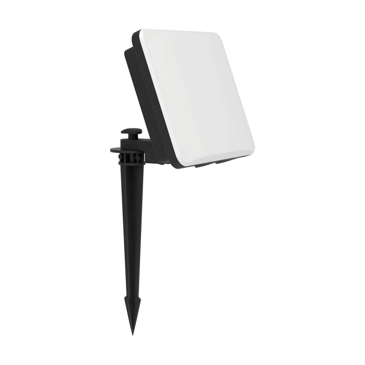 Machio LED Flood Light 20W, a square outdoor floodlight with black aluminium body, white glass diffuser, adjustable head and ground spike, shown on a white background.