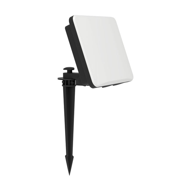 Machio LED Flood Light 20W, a square outdoor floodlight with black aluminium body, white glass diffuser, adjustable head and ground spike, shown on a white background.