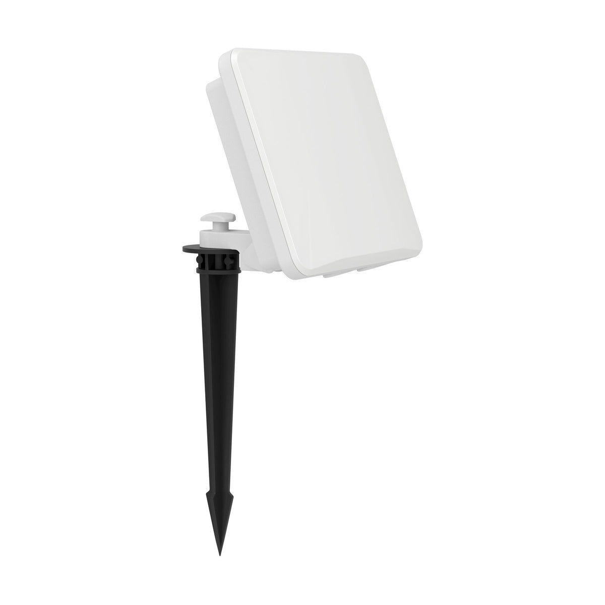 Machio LED Flood Light 20W in white, a square aluminium outdoor light with white glass front, mounted on an angled bracket and black ground spike, shown on a plain background.