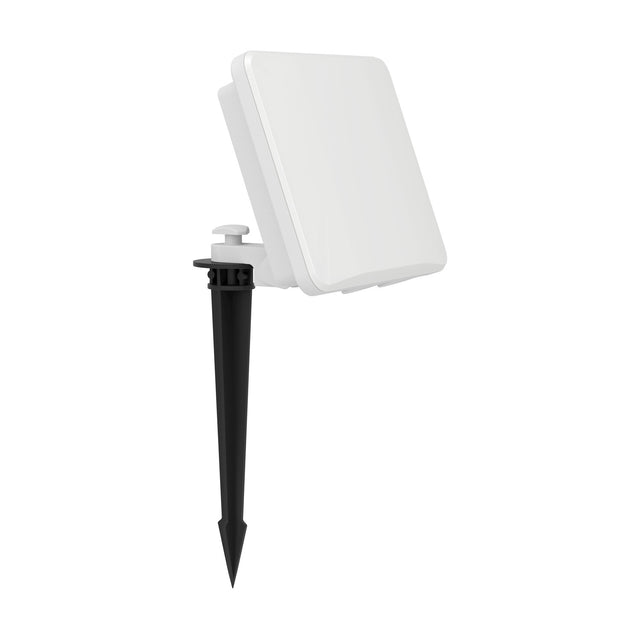 Machio LED Flood Light 20W in white, a square aluminium outdoor light with white glass front, mounted on an angled bracket and black ground spike, shown on a plain background.
